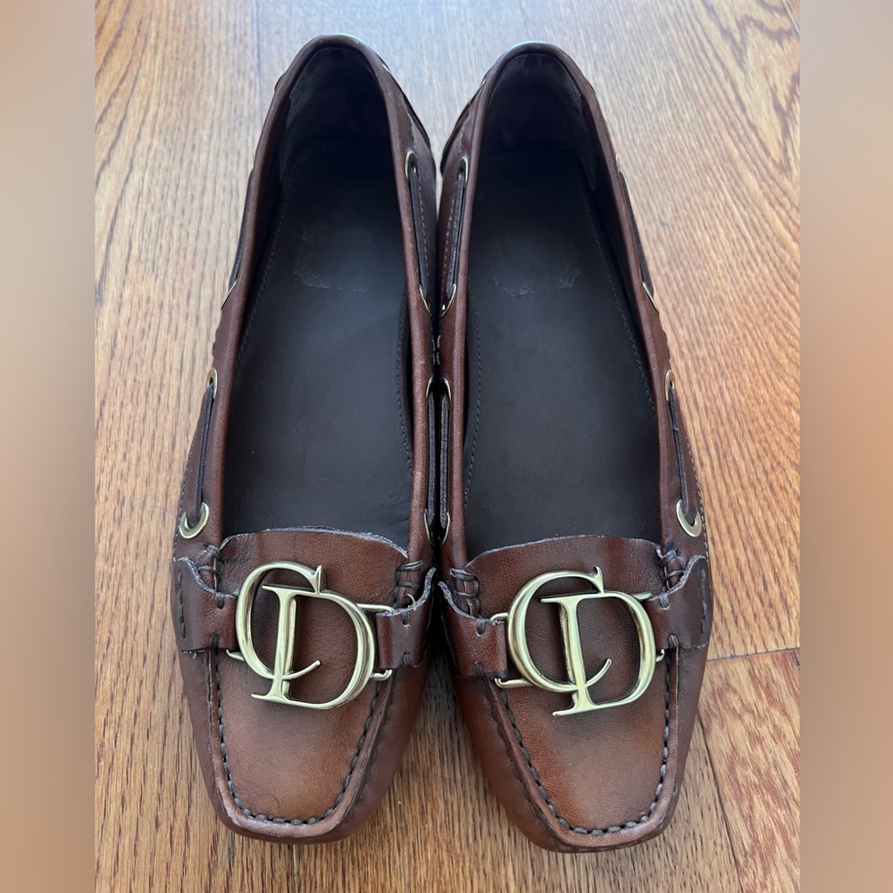 Dior Vintage Dark Brown Gold Metal Logo Loafer Style flats Womens size 7.5